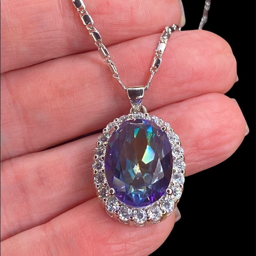 New Large Oval Mystic Rainbow Topaz Pendant with simulated diamonds 18kt GP 18”
